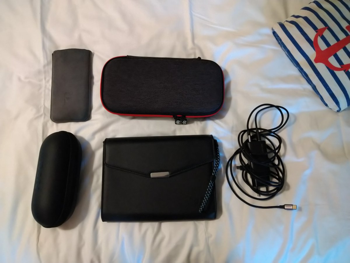 Kabouik's tweet photo. First field test of my new travel setup: ✅

@thefxtec F(x)tec Pro1x (test unit)
@softwincn GPD Win 4, GPD Pocket 3
@Nreal Air AR glasses
USAMS 65W charger
Some clothes in the bottom of the backpack

I played MSFS2020 in High/Ultra on a 240cm-wide (perceived) screen in the train. https://t.co/r84YpUrvih