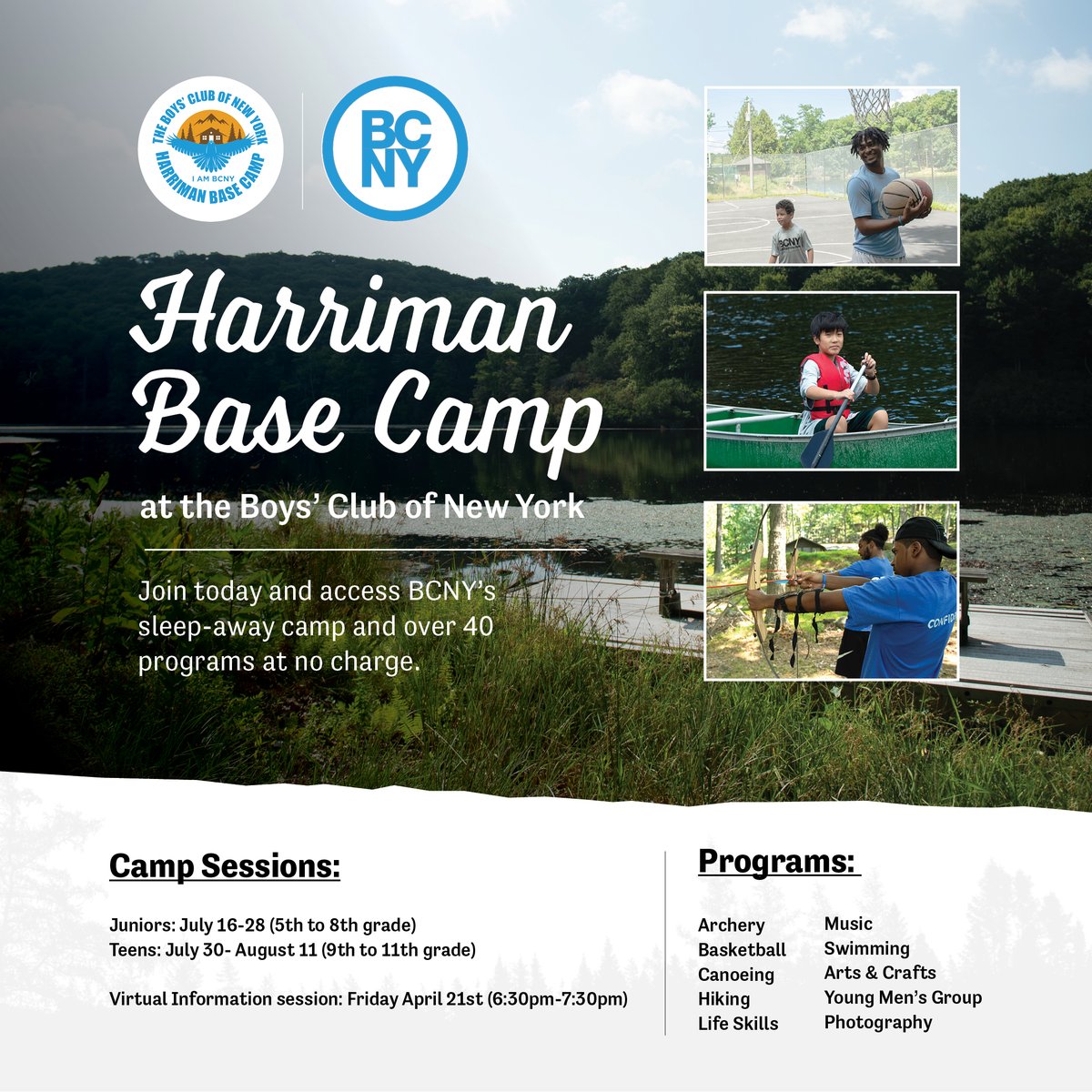BoysClubNY's tweet photo. Harriman Base Camp registration is underway!
Join our virtual info session on Friday April 21st at the link in bio!
Zoom Meeting ID: 832 841 7179
Passcode: 492606
https://t.co/lCrO4auKK5
#CAMP #WILDLIFE #SUMMER #NYCKIDS #BCNY #NYCKIDSEVENTS #NYCKIDSCLASSES #NYCAFTERSCHOOL https://t.co/qlt6KtnneE