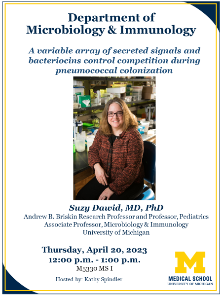Join us tomorrow at 12-1pm to hear from MCIDT affiliate Dr. Suzy Dawid (@SuzyDawid): A variable array of secreted signals and bacteriocins control competition during pneumococcal colonization. @UMMicroImmuno