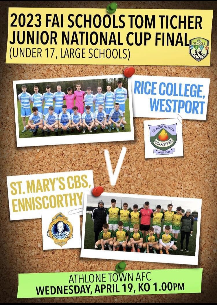 Happy Tuesday 👋 
We are immensely proud of our young men representing Rice College in the U17 FAI Schools Tom Ticher Junior National Final in Athlone tomorrow at 1pm 👏
Let’s go Rice 🥳
Rice College Westport
Westport United FC
FAI Schools
Castlecourt Hotel Westport