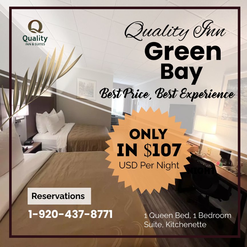 1 Queen Bed, 1 Bedroom Kitchenette
- No Smoking
- Kitchenette
- Family Room
- Coffee Maker
- Max Occupancy: 5 (6 with extra bed)

Contact us for a reservation!
📷 1-920-437-8771  / 📷 1-920-437-3839
📷 qualityinngreenbay.com
#hotelsingreenbay #extendedstayhotel #qualityinnsuites