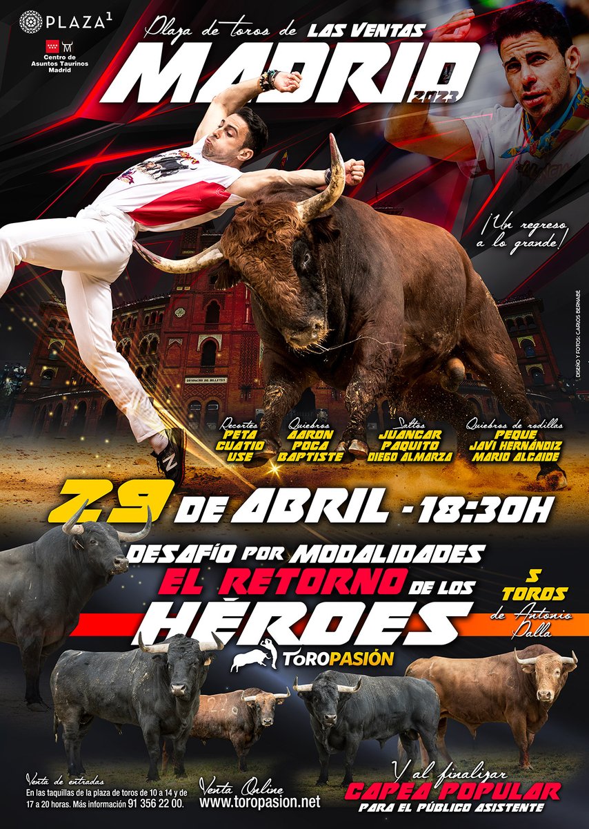 💥👑💥 El RETORNO DE LOS HÉROES llega a <a href="/LasVentas/">Plaza de Las Ventas</a> el sábado 29 de abril, un nuevo desafío de recortadores por modalidades que te hará vibrar. 4 años después la primera plaza del mundo vuelve a acoger a los mejores recortadores de la mano de <a href="/toropasion/">Toropasión</a>
🎟 toropasion.net