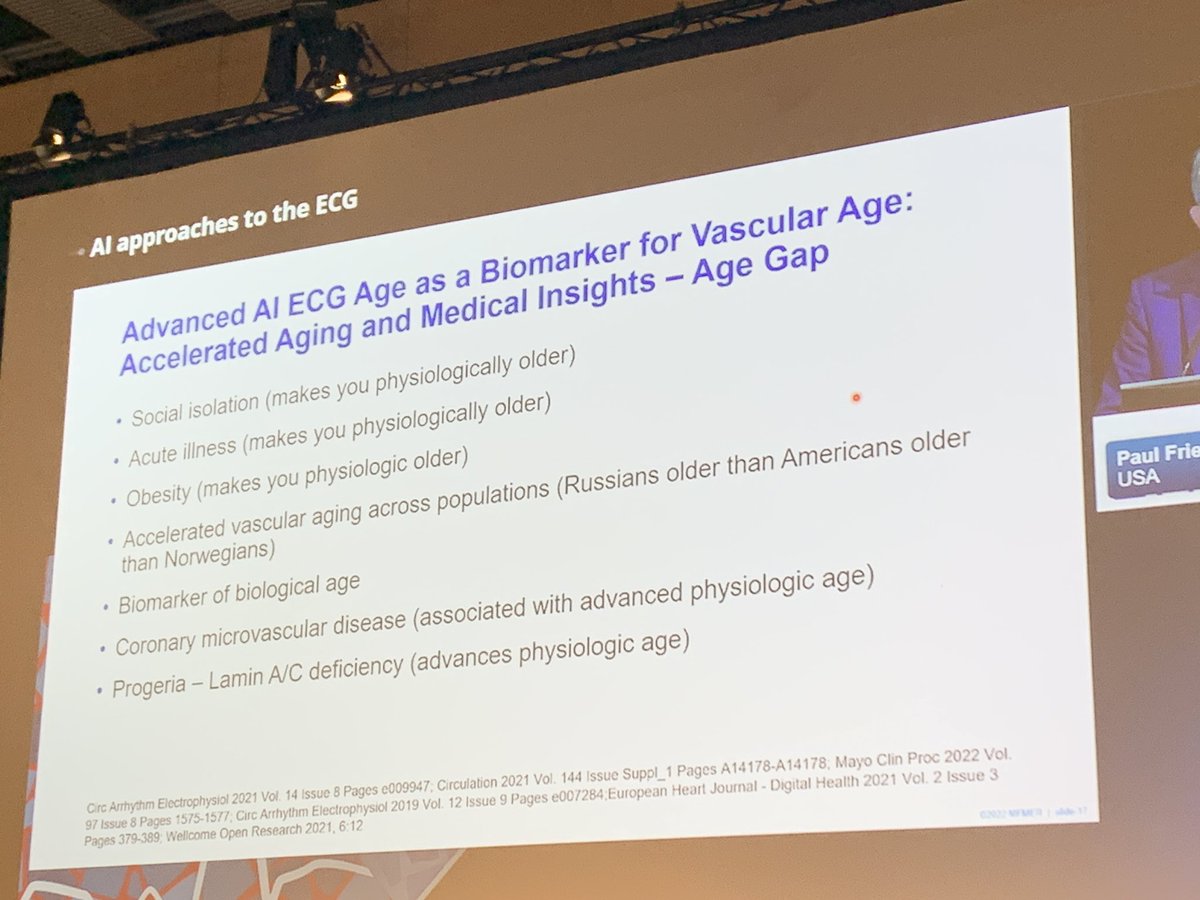 Prof Friedman #EHRA2023 The ability of AI-ECG to phenotype cardiovascular age can be a powerful intervention to enable everyone to make informed choices on lifestyle modification to become biologically younger! #escardio @drpaulfriedman @EmmaSvennberg @DavidDuncker @fleurtjong