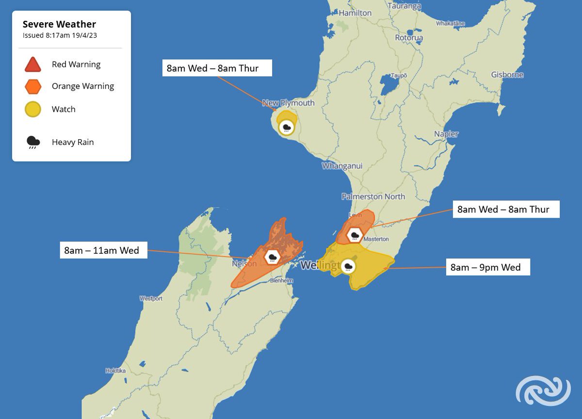 MetService's tweet photo. Heavy Rain

🟠 Orange Warnings for Kapiti Coast, the Tararua Range, the Richmond and Bryant Ranges, also the Rai Valley area and northern parts of the Marlborough Sounds

🟡 Yellow Watches for Mount Taranaki, Wellington, and Wairarapa south of Greytown

https://t.co/qHyE5zzql5 https://t.co/lfZq4PmkUV