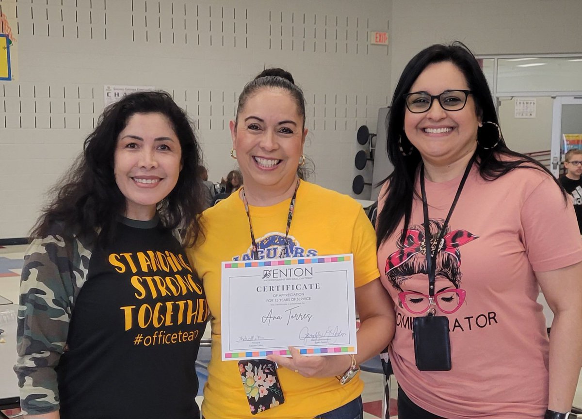 Mrs. Burns, Dr. Perkins, Mrs. McLarty, and Mr. Vance visited Ginnings  to honor and recognize Mrs. Lemmons, Mrs. Blanco, Mrs. Jimenez, and Mrs. Torres for their dedication to Denton ISD! CONGRATULATIONS, and thank you for your dedication to the Jaguar Nation!