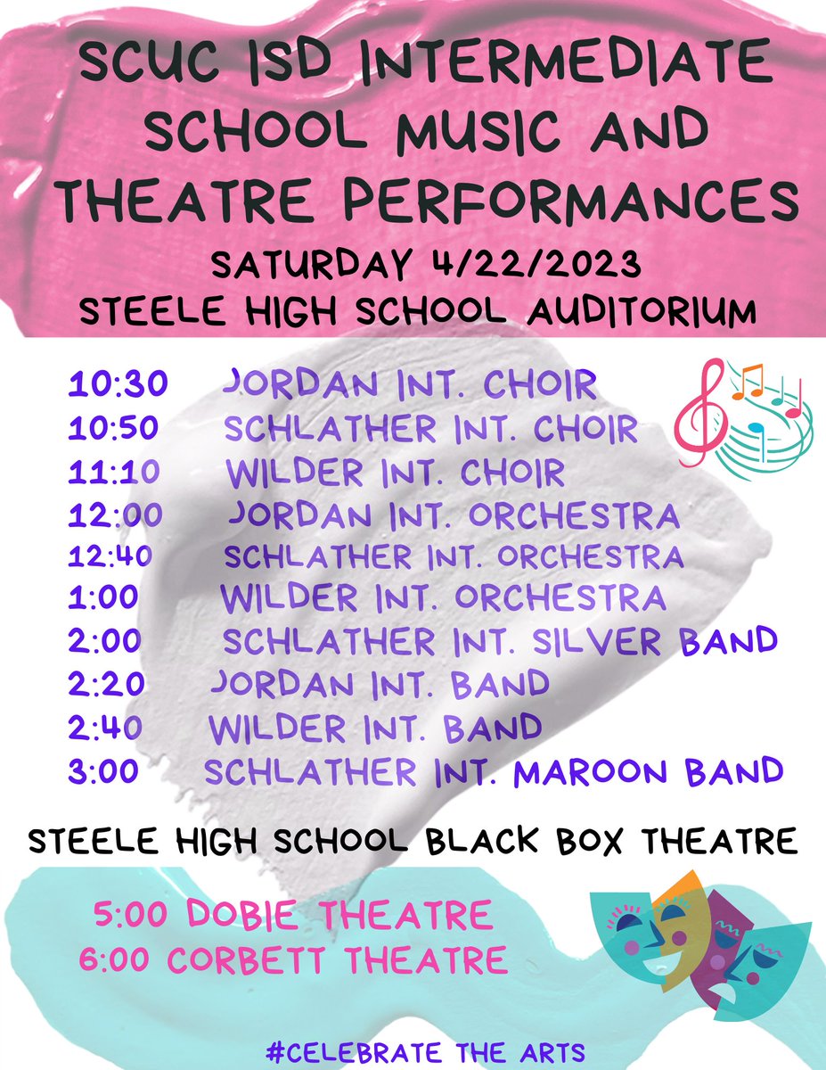 scucfinearts's tweet image. What are you doing Saturday? Come to our Intermediate Music Performances and Junior High Theatre showcase, and browse the District Art Show, too! #ThreeInOne #CelebratetheArts