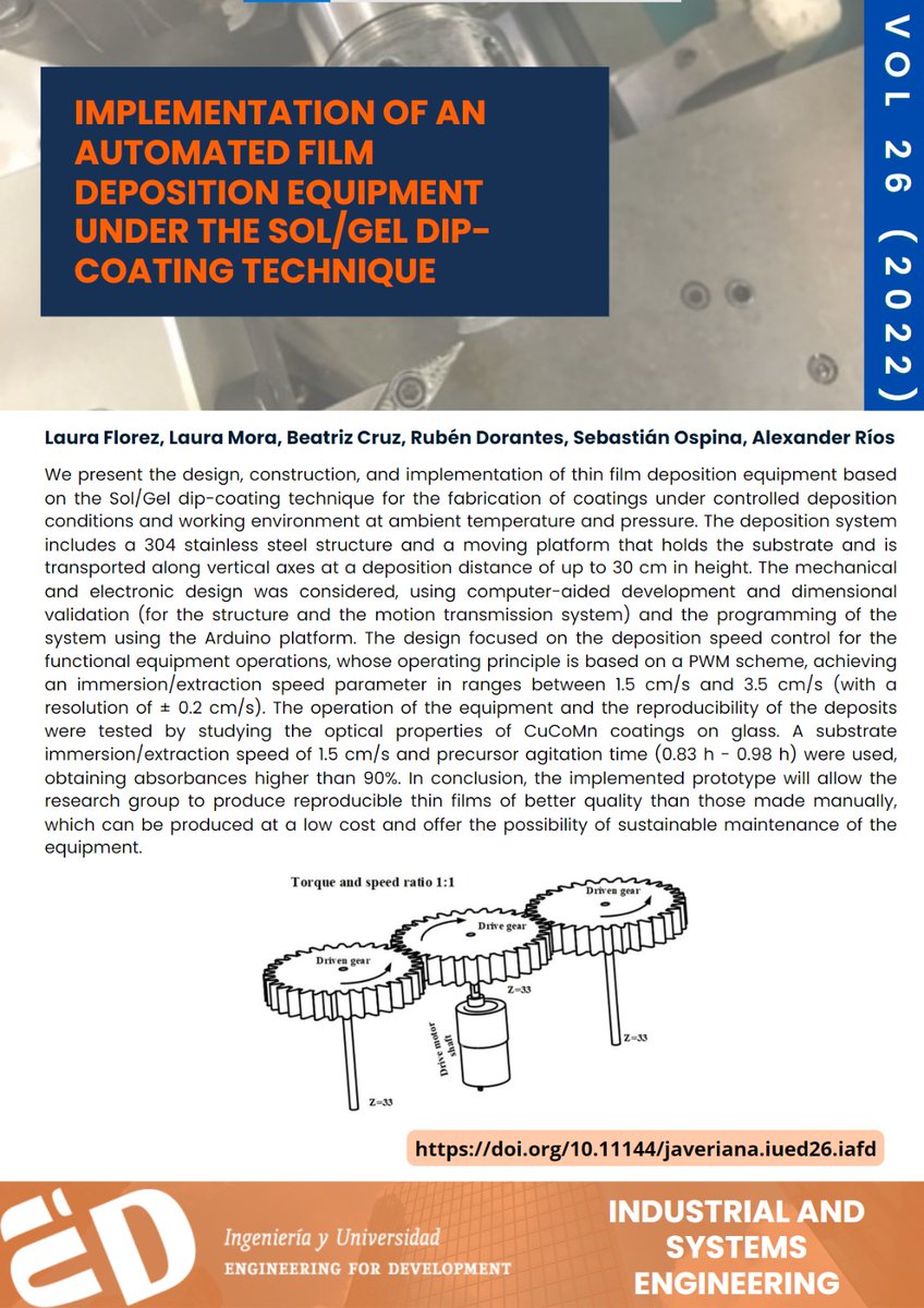 IyUPUJ's tweet image. 📄Implementation of an Automated Film Deposition Equipment under the sol/gel Dip-Coating Technique
👤 Laura Florez👤 Laura Mora👤 Beatriz Cruz
👤 Rubén Dorantes 👤 Sebastián Castro
👤 Alexander Ríos
🌐 DOI: doi.org/10.11144/javer…
#Dipcoating #opensourceprogramming #thinfilms
