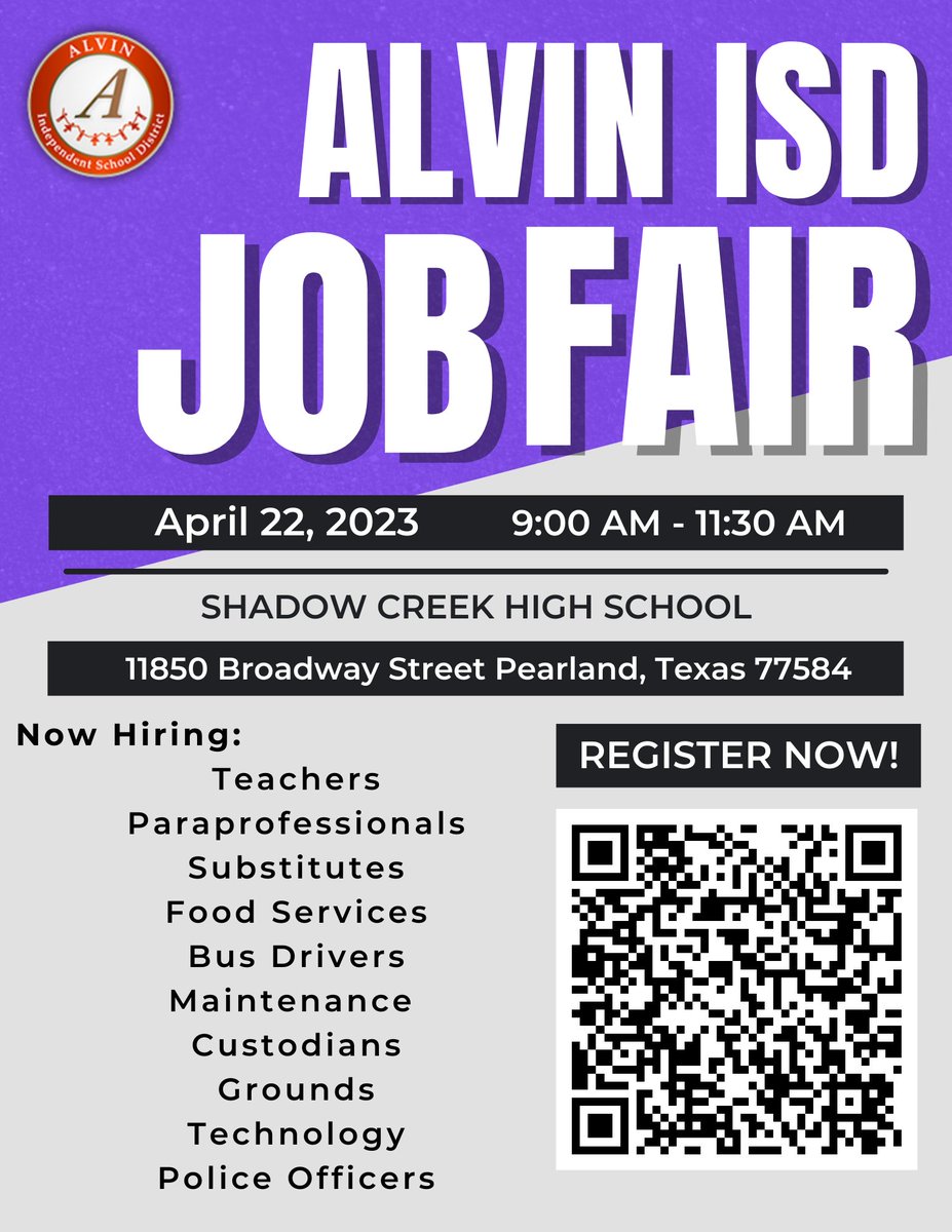 AlvinISD's tweet photo. WHO'S READY FOR SATURDAY? WE ARE!

Have you signed up for the Alvin ISD Job Fair? Register today if you haven't already! 

Registration form: https://t.co/7puvruPJ1x https://t.co/HmLxcVjR8y