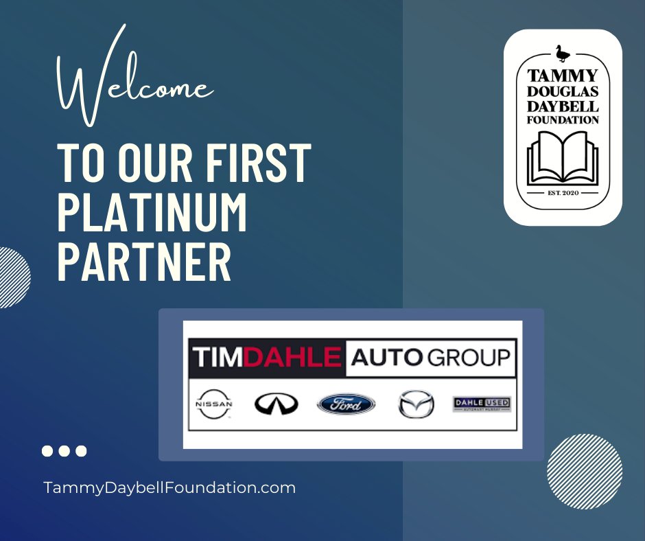 TDD_Foundation's tweet photo. We're thrilled to announce our newest Platinum Partner, the Tim Dahle Auto Group! We're working together in support of promoting local children's literacy.
#PlatinumPartner #TDDF #TammyDaybell #ChildrensLiteracy #ReadWithMe #Grateful https://t.co/JzjsaZDiWA