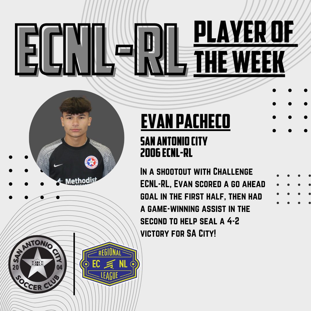 Week 1️⃣3️⃣ ✨
SA City ECNL-RL Team of the Week vs Challenge RL 
SA City ECNL-RL Player of the Week Evan Pacheco ⚽️👏

#TeamOfTheWeek
#BuildingTheCITY #SACityProud
🔵🔴