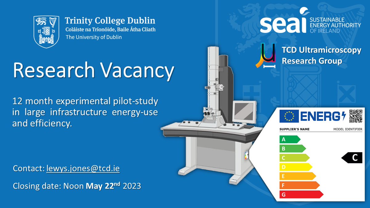 TCD Ultramicroscopy (@tcd_ultramic) on Twitter photo PLEASE RESHARE!! - we're #hiring a 12m #research assistant/postdoc to investigate the energy-efficiency of large research infrastructure. Applications (max. 2 page cover letter + 2 page CV) close noon May 22nd. Diverse candidates and informal enquiries welcome. #jobfairy PLEASE RESHARE!! - we're #hiring a 12m #research assistant/postdoc to investigate the energy-efficiency of large research infrastructure. Applications (max. 2 page cover letter + 2 page CV) close noon May 22nd. Diverse candidates and informal enquiries welcome. #jobfairy