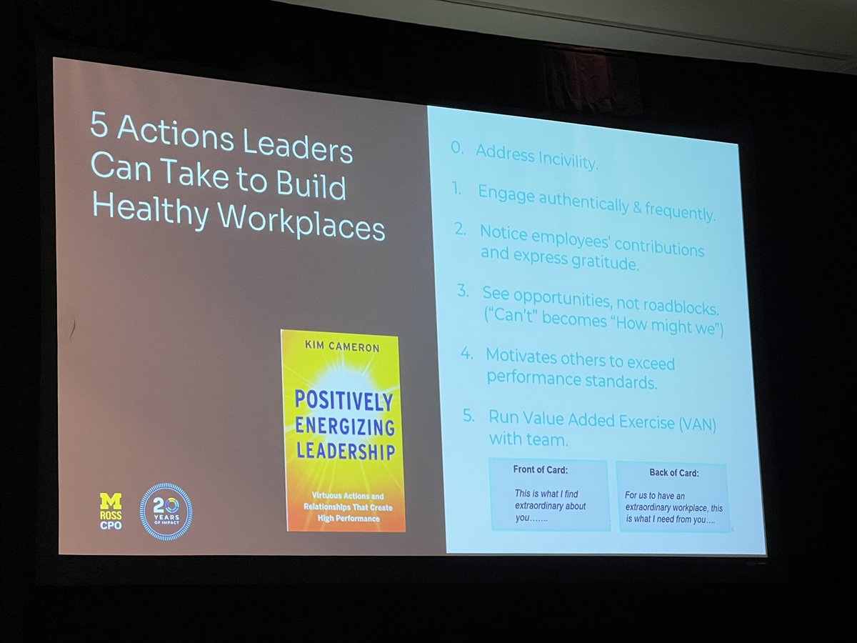 5 Things Leaders Can Do To Build #HealthyWorkplaces 

1. Address #incivility.
2. Get out of the office. Ask people how they are doing. Increase sense of value, trust of leadership 
3. Acknowledge accomplishments 
4. See opportunities, not roadblocks. Instead of saying no, say how