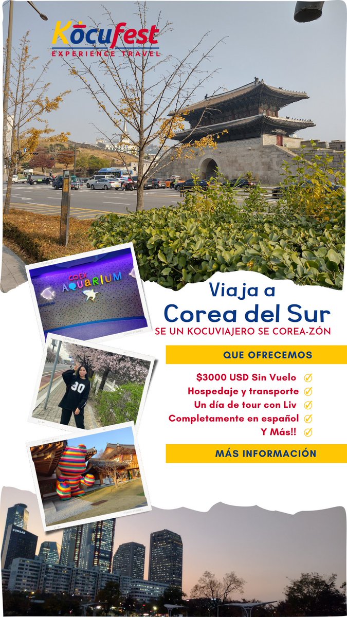 kocufest's tweet photo. ¿Quieres conocer a Corea del Sur? Viaja con #kocufest y #descubremáscorea

Tenemos experiencias únicas y especiales para ti 🫰🏻 comparte este gran sueño con nosotros

Más info aquí: https://t.co/EikGuVPHIJ

#visitkorea #traveler #southkorea https://t.co/5CjiGCq1wE