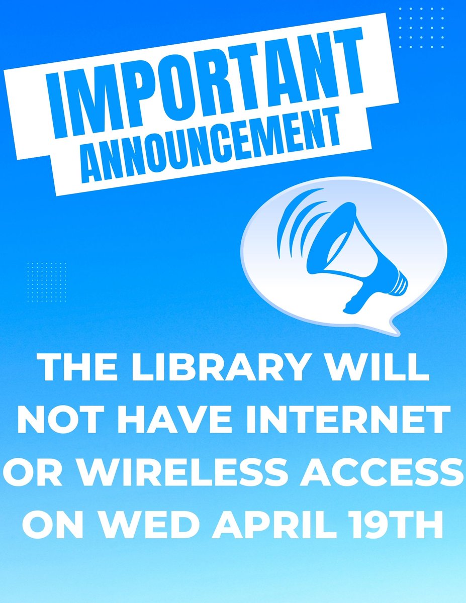 Reminder: We have no internet today! Our public computers and wi-fi are down. Normal internet usage will resume on Thursday.