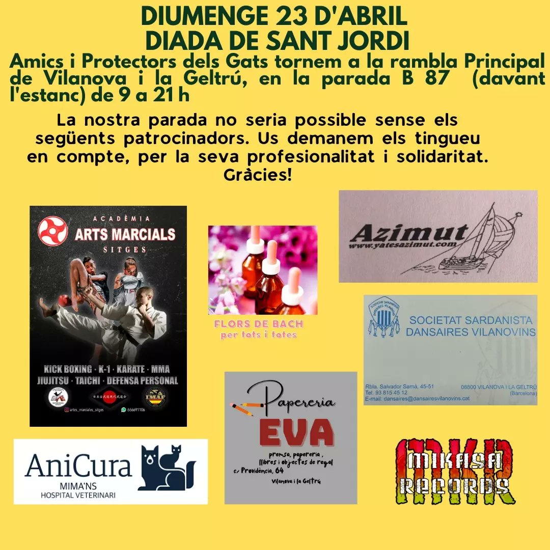Aquest diumenge 23, ens veurem a la rambla principal de #vilanovailageltrú (davant l'estanc del costat de les Tereses) de 9 del matí a 9 del vespre.
Estrenem samarreta i podreu trobar un munt de coses per regalar en aquest dia tan especial.
Ens veiem diumenge!🌹📖
#SantJordi2023