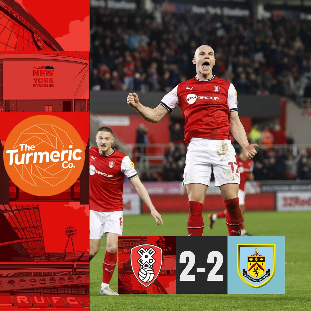 FT | Rotherham 2 v 2 Burnley

Depleted, but not defeated. 

The Millers battle back twice to earn a share of the spoils against the league leaders! 

Powered by @TheTurmericCo 

#rufc | #ForeverTogetherForeverProud