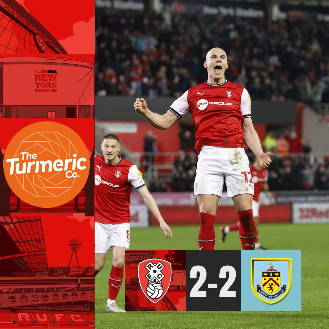 FT | Rotherham 2 v 2 Burnley

Depleted, but not defeated. 

The Millers battle back twice to earn a share of the spoils against the league leaders! 

Powered by <a href="/TheTurmericCo/">The Turmeric Co.</a> 

#rufc | #ForeverTogetherForeverProud