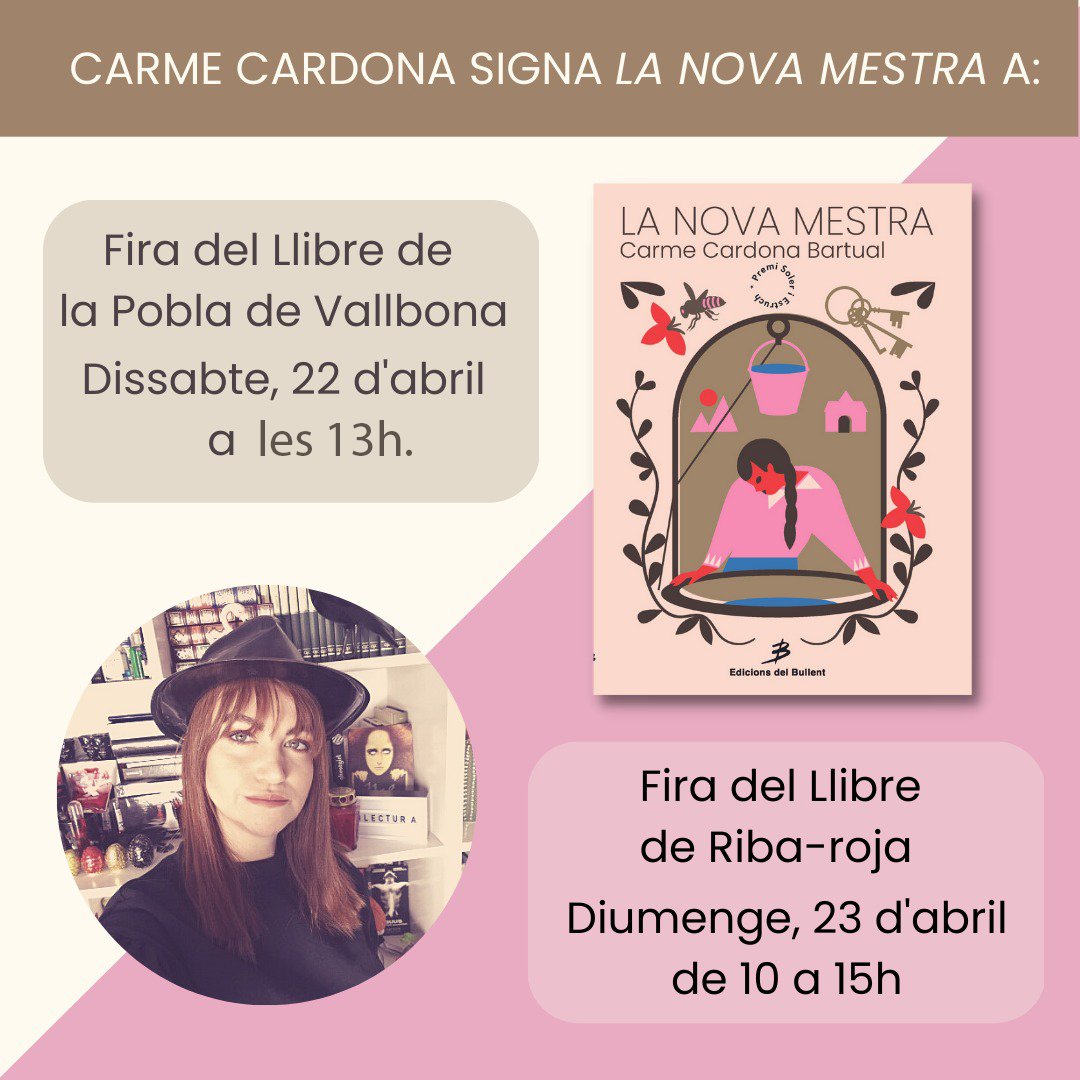 El 22/04 a les 13h, <a href="/CardonaCarme/">Carme CardonaBartual</a> presentarà "La nova mestra" al Dia del llibre de la Pobla de Vallbona. Serà a la Casa Gran i també hi ha unes jornades d’història
I diumenge 23/04, de matí. al Parc Municipal Maldonado de Riba-roja A la caseta de <a href="/Idecocampturia/">IDECO-CampdeTúria</a>