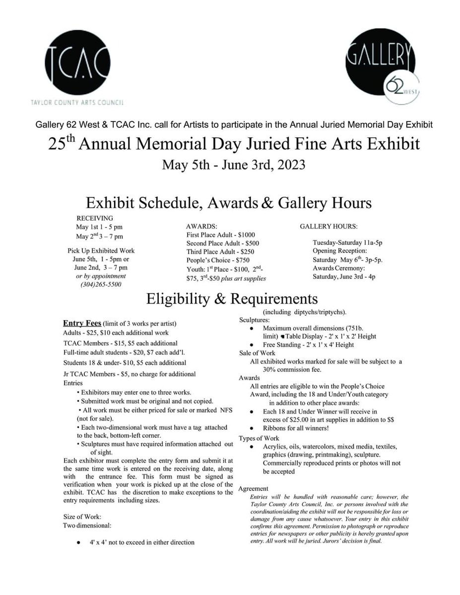 Gallery62West's tweet photo. Get your art ready for the 25th Annual Memorial day Juried Art Exhibit at Gallery 62 West by the Taylor County Arts Council!  See our Facebook page for more details. https://t.co/tHtq8vxFp9
