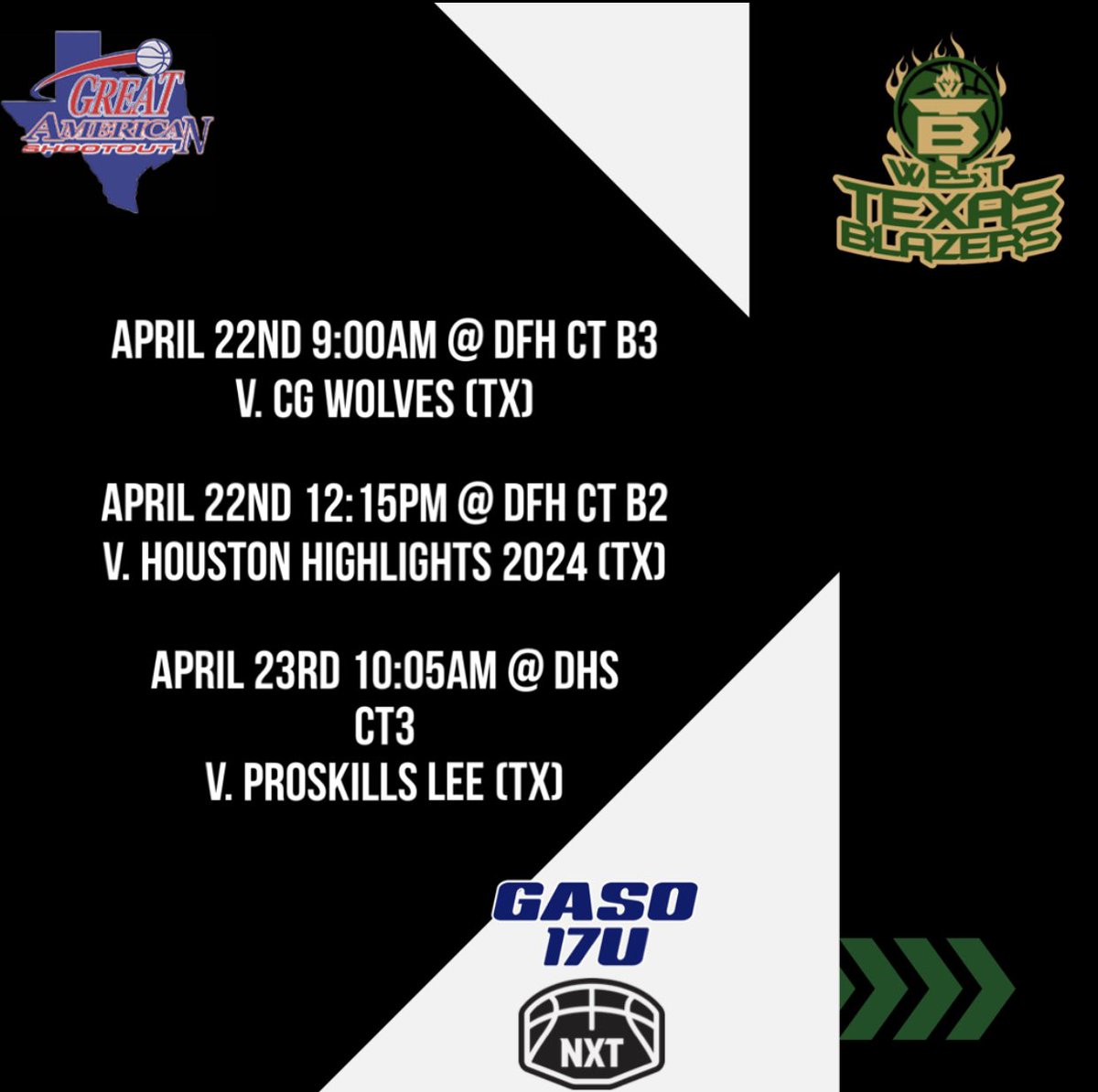 Caleb Carr (@calebcarr42) on Twitter photo Here’s the schedule for this weekend. ITS GASO TIME!! 🏀💪🏼
<a href="/wtbbAAU/">West Texas Blazers Basketball</a> <a href="/PRO16League/">PRO16/NXTPRO League</a> Here’s the schedule for this weekend. ITS GASO TIME!! 🏀💪🏼
<a href="/wtbbAAU/">West Texas Blazers Basketball</a> <a href="/PRO16League/">PRO16/NXTPRO League</a>