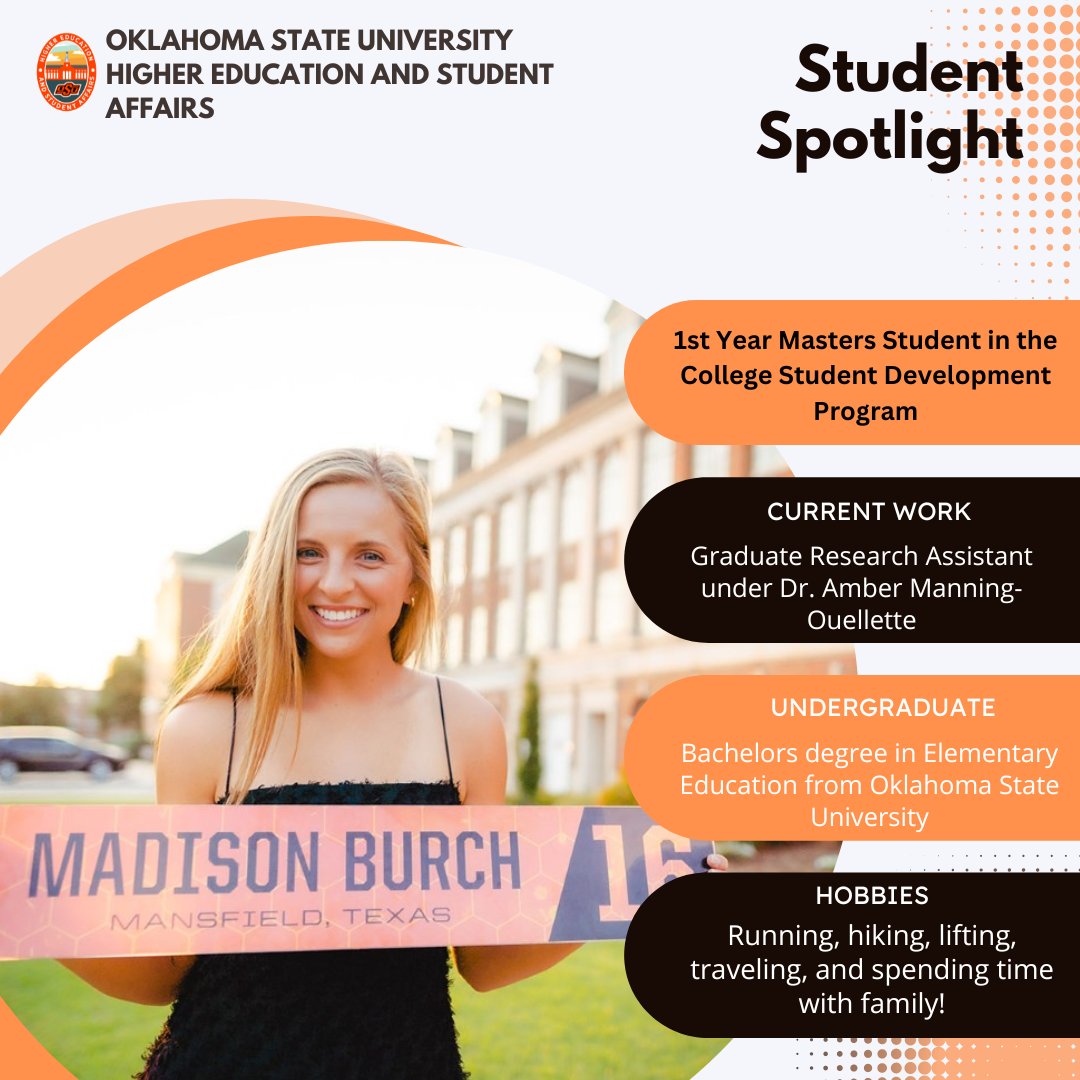 okstatehesa's tweet photo. Maddie Burch is our Student Spotlight for the month of April!

She is one of our first-year masters students studying College Student Development.

Currently, Maddie is a GRA working on administrative HESA tasks and co-teaching an Introduction to Leadership undergraduate course. https://t.co/9T8a6DnDnz