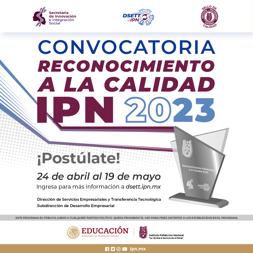 IPN_MX's tweet photo. Si en tu Escuela, Centro o Unidad tienen un sistema de gestión bajo las normas ISO 9001:2015, ISO 17025:2017, ISO 14001:2015 y /o ISO 21001:2018 📈 podrá participar en la convocatoria del “Reconocimiento a la Calidad IPN 2023”🎖️

📆Postúlate a partir del 24 de abril
 @DSETT8 https://t.co/aekRo1vajY