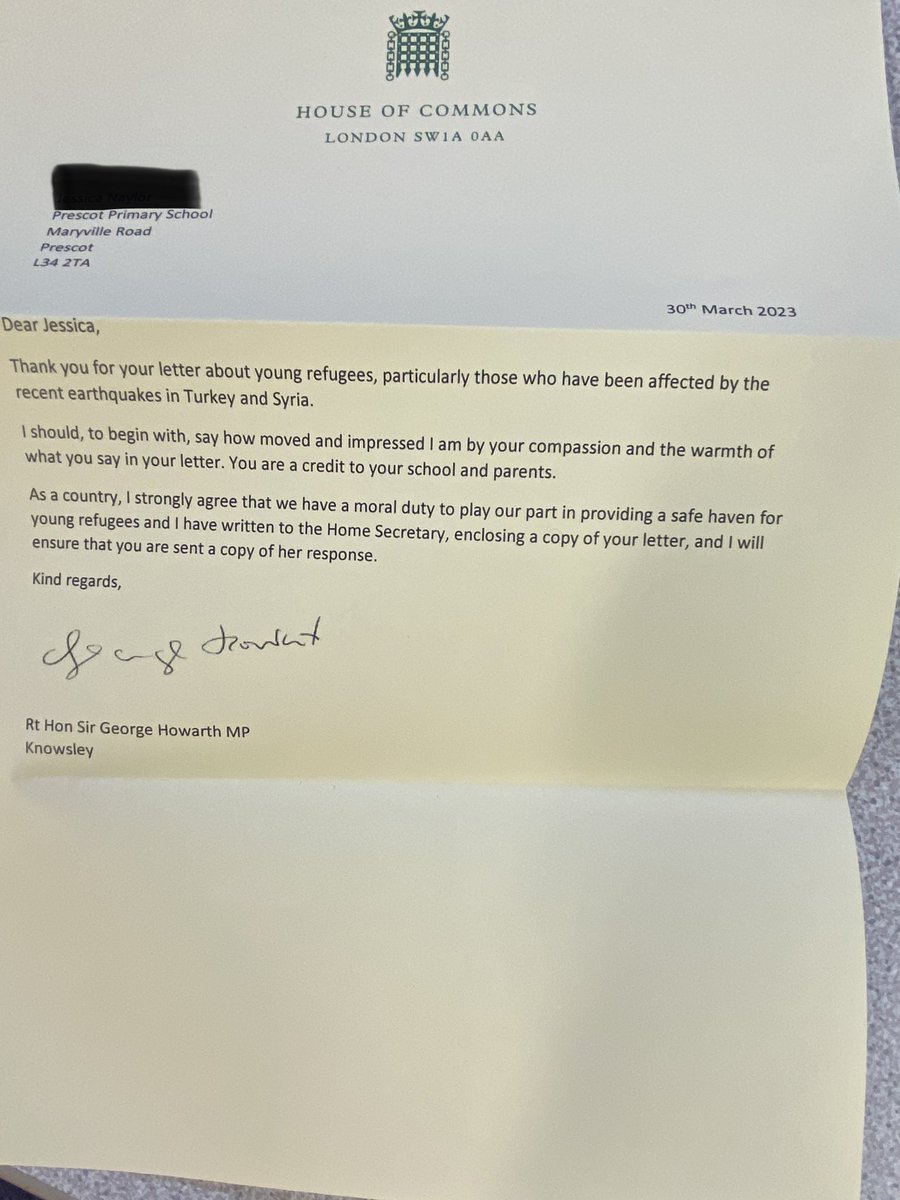 Maisie and Jessica were thrilled to receive a response from Sir George Howarth to their letter about refugees. They both gave permission for their letter to be shared #pcpwriting #pcppshe