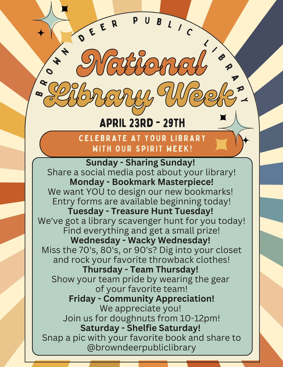 It's #NationalLibraryWeek! Take part in many fun different activities with your favorite library! We'll be celebrating all week.  😀