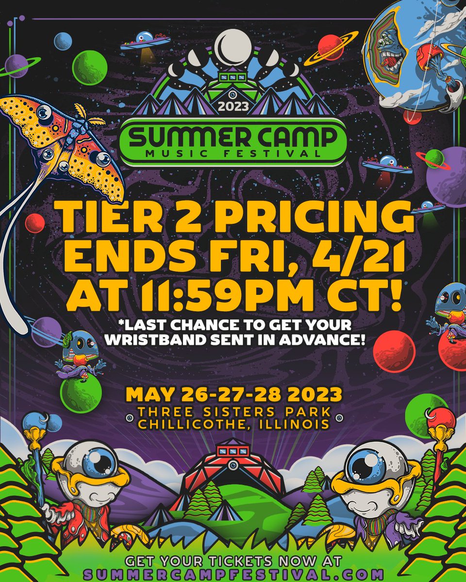 summercampfest's tweet photo. We're a month away from #SCamp23 and excitement is at an all-time high. Tier 2 ticket pricing ends this Friday at 11:59pm CST, and it's also your last chance to get your wristband sent to you in advance. Lock in your tickets before prices increase,

🧚‍♀️ https://t.co/QLjVdtMgcb https://t.co/zUdor8Q8c2