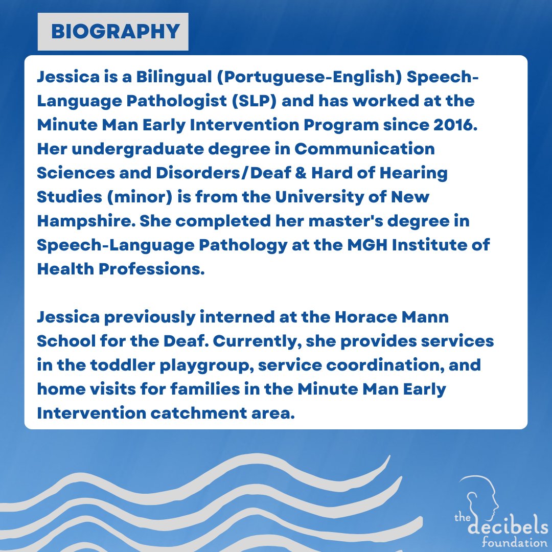 DecibelsFndn's tweet photo. As a bilingual Speech-Language Pathologist, Jessica truly #MakesWavesWithDecibels for families throughout our community.

Would you like to nominate a future Decibels Wavemaker of the Month? Email info@decibelsfoundation.org. #MWWD https://t.co/yUcRBboKct