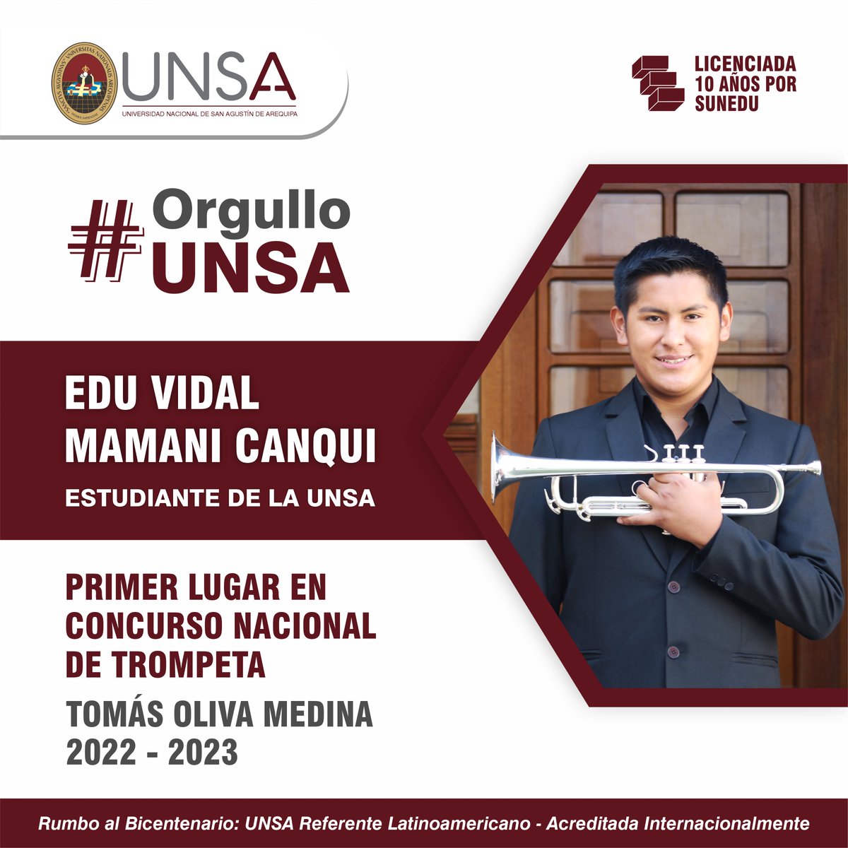 UNSA_Oficial's tweet photo. 👏 #OrgulloUNSA: El estudiante de la Escuela Profesional de #Artes de la #UNSA, Edu Vidal Mamani Canqui (21), ocupó el primer lugar en el Concurso Nacional de Trompeta “Tomás Oliva Medina 2022-2023”.

👉 https://t.co/TXhSdrcp8h https://t.co/gUQnlkhUrG