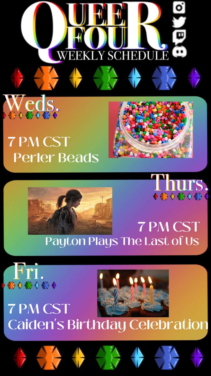queerfour's tweet photo. Since it's Taurus season, we're celebrating Caiden's birthday this week! Tonight we're playing with perler beads. Tomorrow, Payton continues The Last of Us Part I. And Friday we're doing a fun little celebration for a birthday pal! So come celebrate CJ's birthday with us. <3 https://t.co/LQoJVdYMQw
