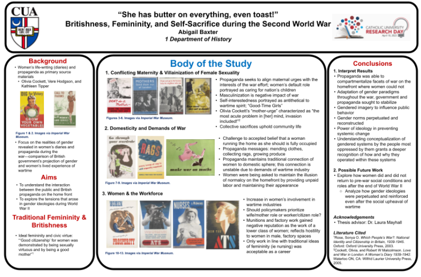 CatholicUHist's tweet photo. #CUatResearchDay is a wrap!
Thanks to all the @CatholicUHist students who participated - and congrats to our 2 award winners!
Abigail Baxter, winner in the undergraduate poster session category for “She has butter on everything, even toast!”
https://t.co/34F5YublEa https://t.co/XVvtuP7jfT