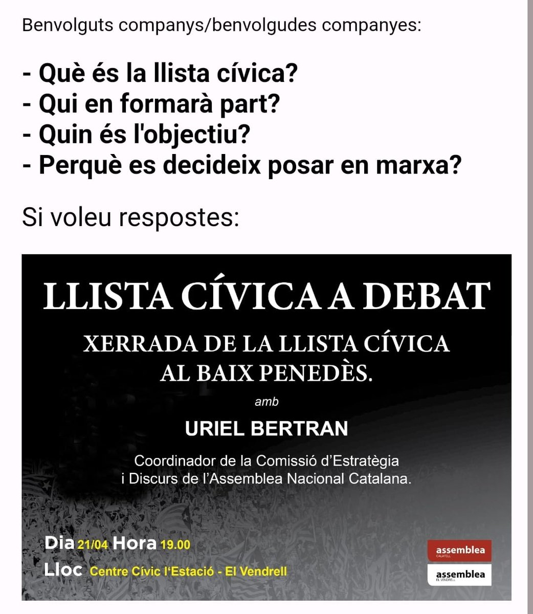 Les assemblees de Calafell i Vendrell hem organitzat aquest acte per aclarir dubtes us esperem.
Territorial de Calafell