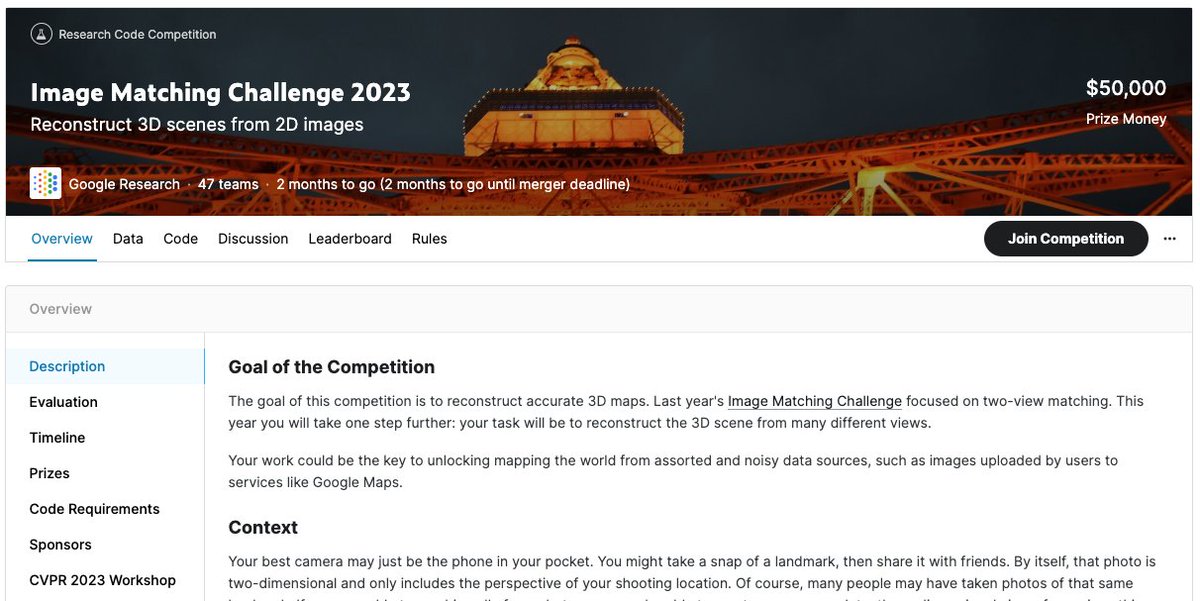 kaggle's tweet image. 🚀 Brand new $50k ML competition launched on Kaggle – the Image Matching Challenge 2023 from @google! Your challenge: reconstruct 3D scenes from 2D images. 

kaggle.com/competitions/i…

Also, there are 2 recently available models on Kaggle models you can use to get started. More 👇