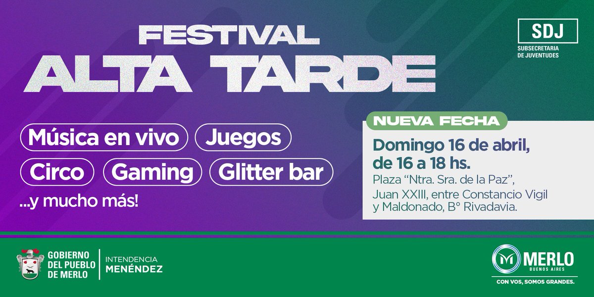 SDJuventudes's tweet photo. ALTA TARDE ✨ NUEVA FECHA
Este domingo te esperamos en Barrio Rivadavia con juegos, música en vivo, circo y mucho más para pasar una tarde en familia. ¡No te lo pierdas!

#SDJ #Juventudes #IntendenciaMenéndez #Merlo #MerloCapitalDeLasJuventudes @MerloGob https://t.co/6Fg0pjJxQx
