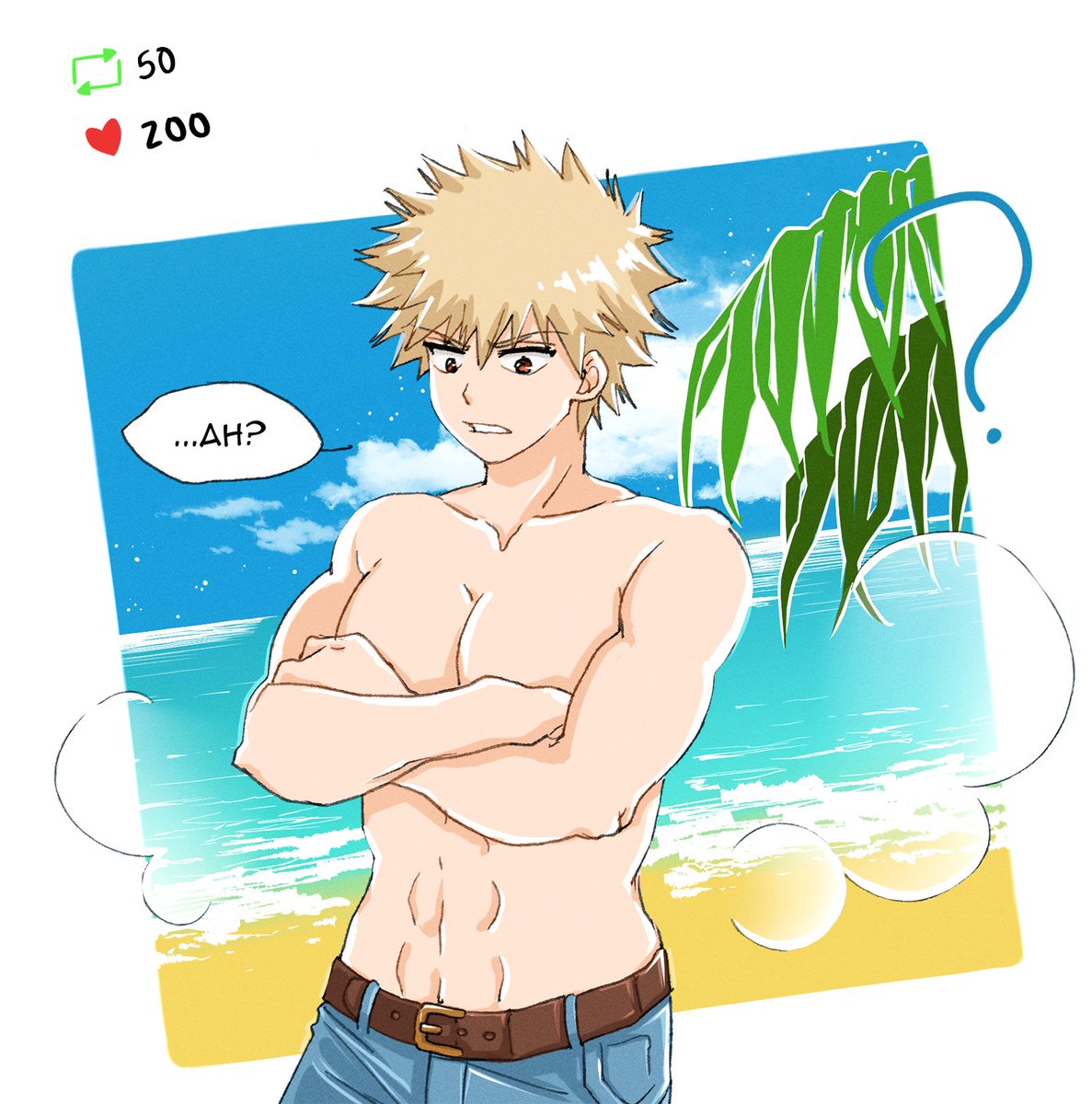 Now that looks like a better fit for the summer! But... how come you are still wearing jeans Bakugou? You are going to the beach! We need 50 RT's and 200 likes to get rid of those!

#bakugou #mha #kiribaku #KRBKWeek2023 

Also, check our next tweet 😉