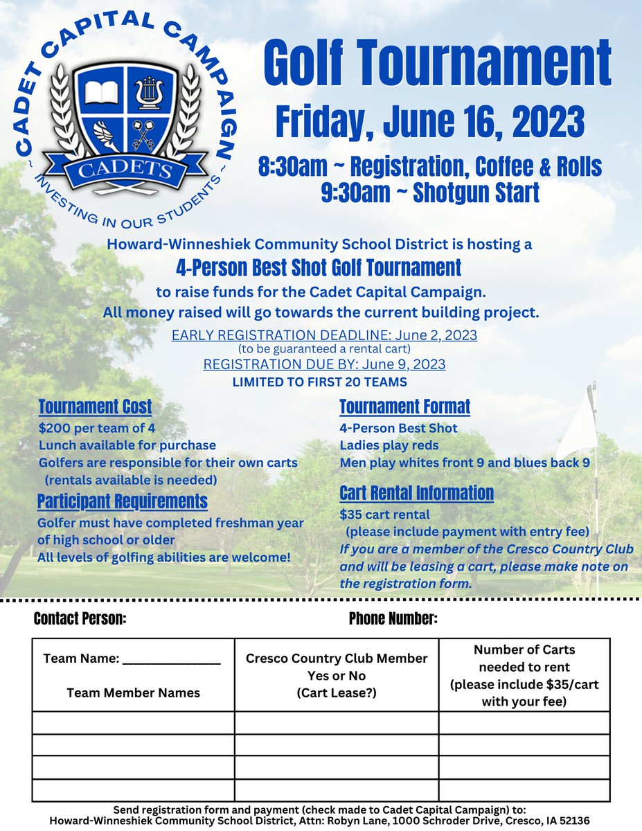To access the registration form: howard-winn.k12.ia.us/news/golf-tour…
This tournament is limited to the first 20 teams to sign up #HowardWinnCSD