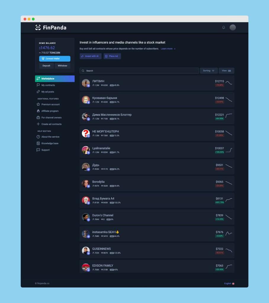 thefinpanda's tweet photo. @DoraHacks @ton_blockchain We are creating a new generation platform for minting social NFTs based on ad contracts. Buy and Sell assets of influencers, twitter accounts, and telegram channels whose price depends on the size of the audience. You can support us on the @DoraHacks platform #intro #ton #voting https://t.co/AZOTDG5xwz