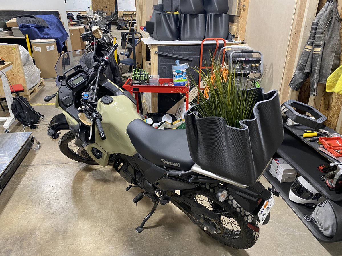 GregReesman's tweet photo. Wanted to see if our planters double as motorcycle storage, so I bolted one on the back 🤠 

#3DPrinting #carbonfiber #ABS #KLR650 #Kawaksaki 
https://t.co/f8XGxomx9l https://t.co/KXlMnR3eyu