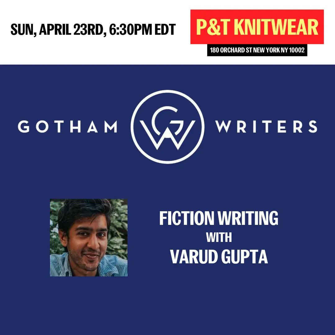 Don't miss another free <a href="/gothamwriters/">Gotham Writers</a> workshop at P&amp;T this Sunday! This week: Fiction Writing with <a href="/VarudGupta/">Varud Gupta</a>!

RSVP to join: buff.ly/3G1qRXk
