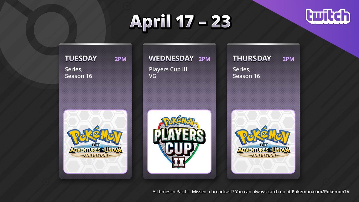 Fierce battles heat up on Twitch! 🔥

Join during the week as Ash and Pikachu thwart Team Plasma plots in Pokémon: BW Adventures in Unova and Beyond! And the matches continue with Pokémon VG highlights from the Players Cup III.

👉 twitch.tv/pokemon
#WatchPokemon
