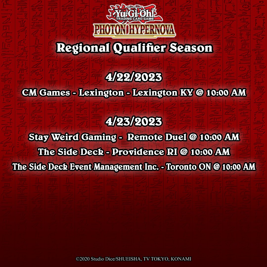 YuGiOh_TCG's tweet photo. WCQ Regional Qualifiers for Photon Hypernova are happening this weekend!
Join a competitive tournament where Duelists compete for exclusive prizes and earn invites to the World Championship Qualifier of their region!
➡️ https://t.co/cqdsYIajuI
#YuGiOhTCG #PhotonHypernova https://t.co/g4qmoQvE4l