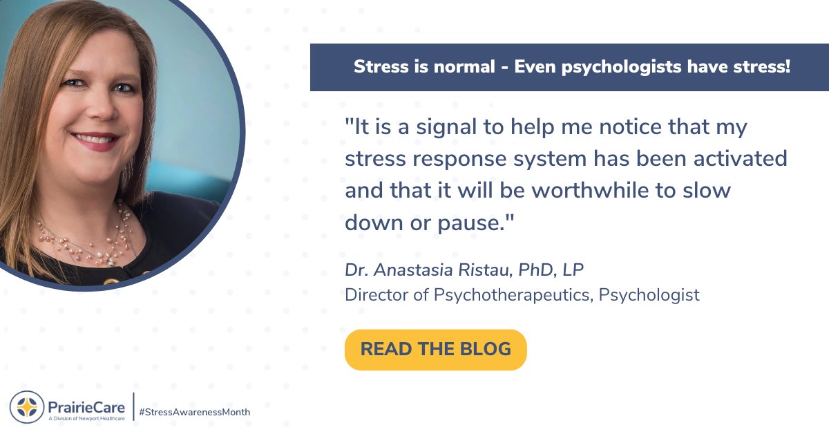 PrairieCare's tweet photo. Everyone has stress! Mental health professionals who help others manage their stress even have stress. @DocMomGetnReal puts this to the test where she explains her personal feelings of stress and how she manages it as an expert! https://t.co/Cir8kdbBjg #StressAwarenessMonth https://t.co/pHrpcM8gsD