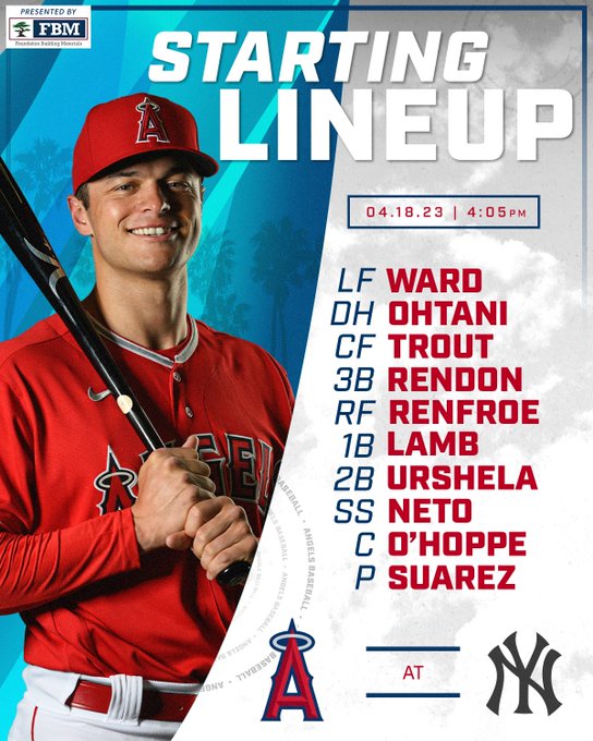 4/18 lineup: LF Ward, DH Ohtani, CF Trout, 3B Rendon, RF Renfroe, 1B Lamb, 2B Urshela, SS Neto, C O'Hoppe, P Suarez