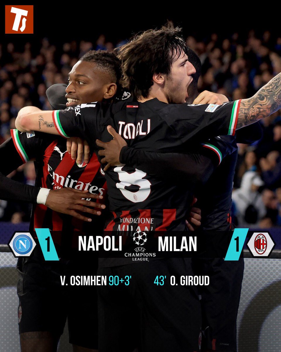 tuttosport's tweet photo. MILAN, SEI IN SEMIFINALE! 🔴⚫️
Ai rossoneri basta il gol di Giroud ⚽️
Al Napoli non serve il gol di Osimhen ❌
Il Real Madrid è la seconda semifinalista: la doppietta di Rodrygo garantisce al Madrid un posto tra le prime 4 d’Europa🏆
#Tuttosport #NapoliMilan #RealChelsea https://t.co/TsOZ6bC8VS