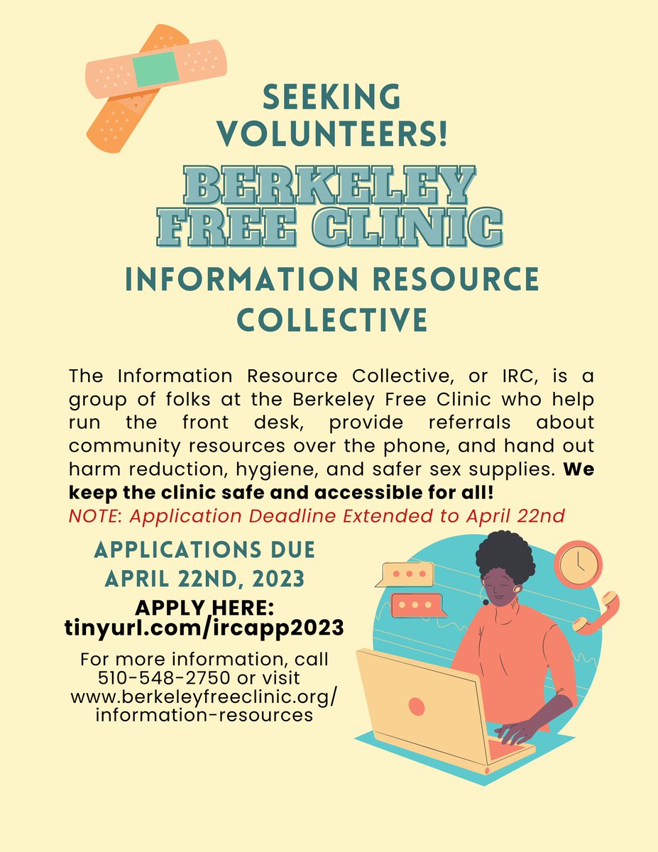Seeking volunteers for the BFC Information Resource Collective! Application deadline extended to April 22nd: tinyurl.com/ircapp2023

The IRC helps run the front desk, provides referrals, hands out supplies, and more. Join to help keep the clinic safe and accessible for all!