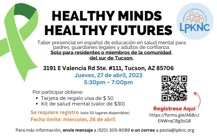 LPKNC_Tucson's tweet photo. FREE Opportunity for Southside adults! Interested in learning about their mental health and to help their kids. Those who attend and complete a survey will receive a $50 visa &amp; a free Mental Health kit.
@whatsuptucson https://t.co/jT9GIAPiGD