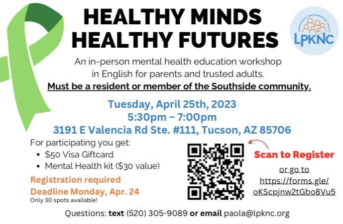 LPKNC_Tucson's tweet photo. FREE Opportunity for Southside adults! Interested in learning about their mental health and to help their kids. Those who attend and complete a survey will receive a $50 visa &amp; a free Mental Health kit.
@whatsuptucson https://t.co/jT9GIAPiGD