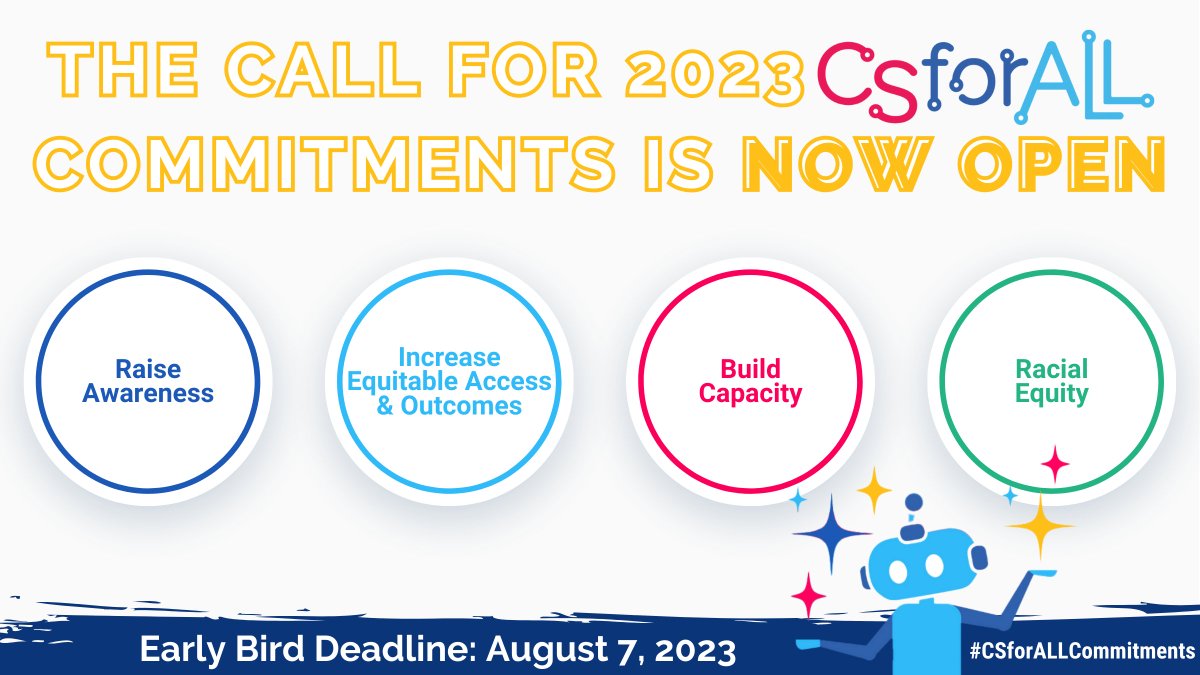 CSforALL's tweet image. 📣The 2023 Call for CSforALL Commitments is NOW OPEN!
#CSforALLCommitments — new, specific, and measurable actions aimed at advancing the goal of rigorous and inclusive #CSforALL — can be made in four categories. Learn about the 2023 Call for Commitments: medium.com/@csforall/2023….